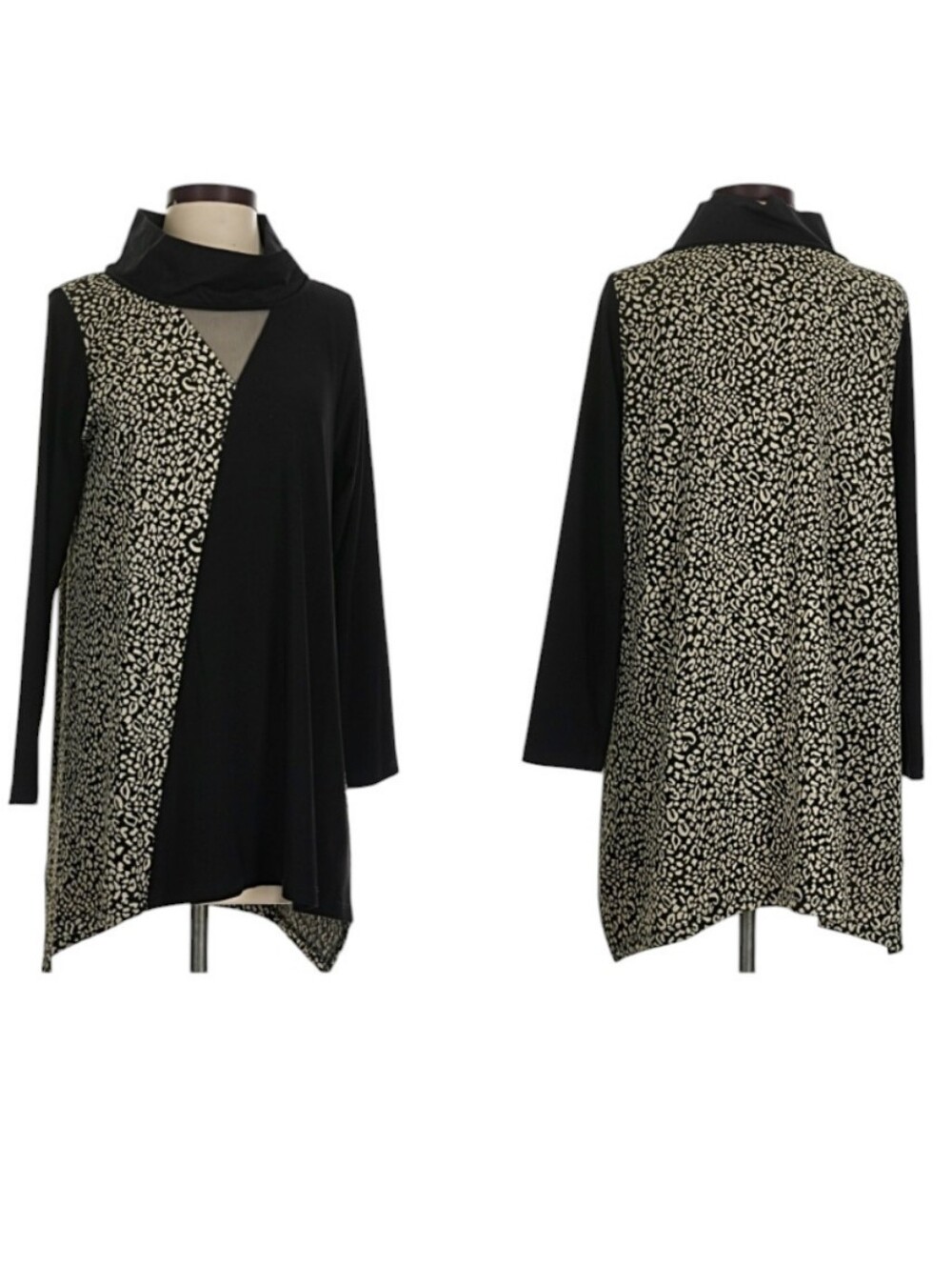 Sun Kim Long Sleeve Tunic Asymmetrical Hem Black Cream Leopard Cutout Mesh Neck